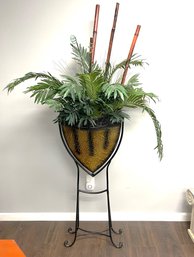 #1 Of 2 Oversized Black & Brown Decorative Metal Vase On Black Metal Stand W Faux Greens Bamboo