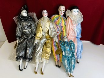 AD/ 5pcs - Elaborate Porcelain And Bisque Harlequin Pierrot Clown Dolls - Show Stoppers, Victoria Etc