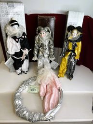 AD/ 4pcs - Elaborate Porcelain And Bisque Harlequin Pierrot Clown Dolls - Original Boxes, Victoria Etc