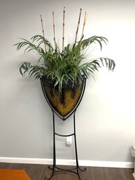 #2 Of 2 Oversized Black & Brown Decorative Metal Vase On Black Metal Stand W Faux Greens Bamboo