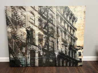 Large Print On Canvas City Architecture Building Windows, Fire Escapes In Black & White & Touches Of Yellow