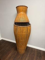 Very Large Tall Wood Bamboo Woven Type Decorative Vase - 2 Pcs