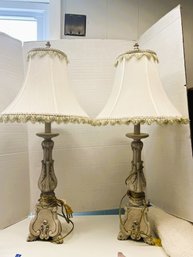 RER/CR22 - Set Of 2 Ornate Plaster Table Lamps W Shades And Finials - Crackle Finish
