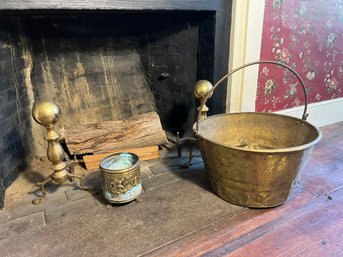 DR/ 3pcs - Antique Brass Fireplace Set - Andirons And Buckets