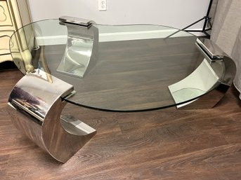 Cool Contemporary Art Deco Glass Kidney Shaped Coffee Table W 3 Chrome 'Apostrophe' Legs