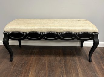 Lovely Detailed Wood Frame Bench, Nailhead Trim, Neutral Goldish Colored Upholstered Seat