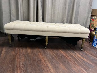 Off White Fabric Button Upholstered Long Bench On 6 Legs W Wheels By Barcalounger Corp