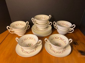 DR/ Closet 16pcs - Wedgwood 'Sandringham' 8 Double Handle Soup Bowls W 8 Matching Saucers