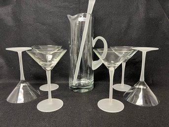 Vintage Toscany Martini Pitcher & 6 Glass Set, Frosted Stems Handle & Stirrer, Hand Blown Romania
