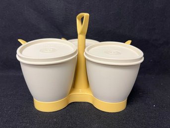 Vintage Tupperware Triple Condiment Caddy With Lids & Spoons