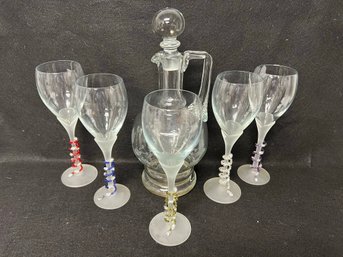 Lovely Etched Glass Decanter & 6 Wine Glasses W Shaped Frosted Stems & Beaded Wine Markers