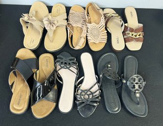 C/ Box W 6 Pairs Women's Sandals: Tory Burch, Clark's, Vaneli, Talbots Etc