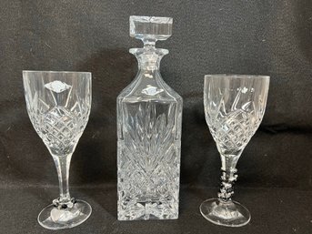 Crystal Square Liquor Decanter & Set Of 2 Crystal Stemmed Wine Glasses