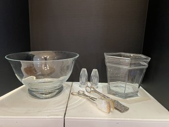 DR/ 6pcs - Unique Glass Salt & Pepper Shakers, Lovely Glass Bowls, EP Zinc Tongs X 2