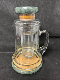 Vintage Wine Beverage Clear Glass Decanter Pitcher W Ice Insert, Green Marble Lid & Base