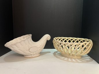 DR/ 2pcs - Lenox Cornucopia And Williams Sonoma Ceramic Basket Weave Bread Basket