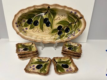 Hand Painted Ceramic Deep Oval Serving Dish & 8 Small Plates Set - Olives Motif