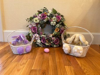 DR/ 4pcs - Floral Faux Spring Wreath, 2 Easter Bunny Baskets, 1 Pink Stone Egg