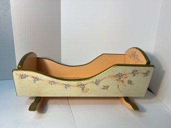 AN/CR134 - Vintage Hand Painted Wood Doll Crib With Pretty Flower And Ribbon Design