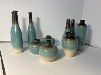 AN/CR167 Box 10 Pcs - Shades Of Teal Glazed Pottery Vases In Various Sizes And Shapes