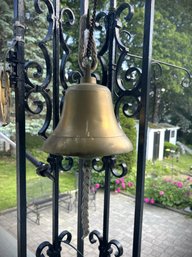 BY/ Vintage Large 9' X 8' Outdoor Brass Dinner Bell W Rope Handle Attached To Clangor - Beautiful Sound