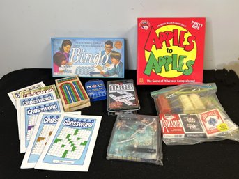 C/ Box Of Assorted Games: Bingo, LCR, Puzzle Pix And Dominoes - New & Cards, Poker Chips Etc - Not New