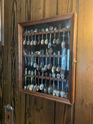 FR/ Wall Mount Wood Souvenier Spoon Display Case W 3 Rows Of Collector Spoons / Events, Locations Etc