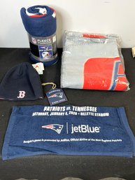 C/ 5pcs - New England Sports Fans Items: Fleece Throws, Ornament, Knit Cap, Small Towel Etc