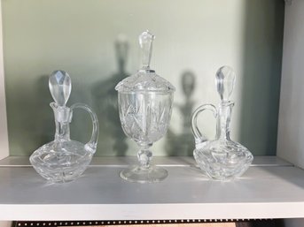 SR/ 3pcs - Pressed Glass Cruets And Covered Candy/Nut Dish