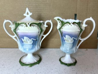 K/ 3pcs - Gorgeous R.S. Prussia Antique Creamer And Covered Sugar Bowl With Swan Motif
