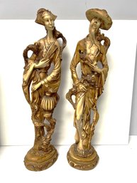 Vintage Chinoiserie 18.5'h Male & Female Good Luck Cast Resin Statues Figures