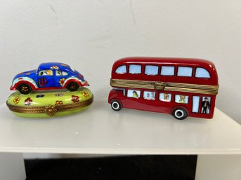 C/ 2pcs In Box - Limoges Trinket Boxes: Red Double Decker Bus & VW Bug In Field Of Flowers