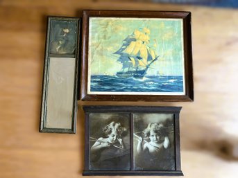 FR/ 3pcs - Vintage Antique Framed Art: Old Ironsides, Cupid Awake & Asleep, Mirror