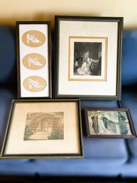 FR/ 4pcs - Vintage Framed Art: Wallace Nutting, C. Landseer, Victorian Shoes, Dante & Beatrice