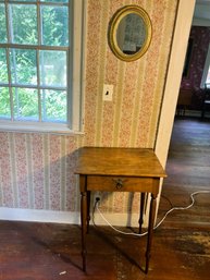 E/ 2pcs - Antique Wood Side Table With Unique Winged Angel Pull & Small Oval Gilt Wall Mirror