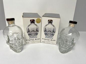 Pair Of 2 Empty 'Crystal Head' Clear Glass Vodka Bottles W Caps & Original Boxes