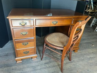 B/ 2pcs - Vintage Paine Furniture Wood Desk And Cane Seat Chair