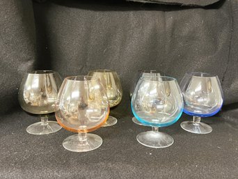 FR/ 6pcs F68 - Vintage Colorful Glass Brandy Snifters: Light Blue, Dark Blue, Pink, Gray, Black, Yellow