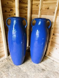 BY/ Pair Of 2 Beautiful 42' Tall Blue Glazed Indoor Outdoor Vases By Monmouth Pottery