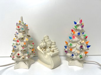 Pair Of White Mini Ceramic Lighted Trees & Lenox Santa In Sleigh