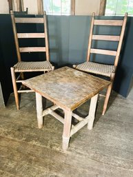 B/ 3pcs - Vintage Ladder Back Chairs W Woven Wicker Seats, Sm Wood Side Table W Wicker Binding & 'Box' Inlay