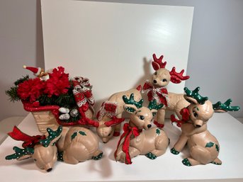 Painted Ceramic Mold Christmas Sleigh & 5 Reindeer