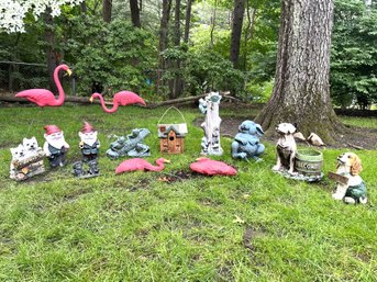 BY/ 14 Assorted Garden Lawn Ornaments Mostly Resin - Gnomes, Frogs, Pink Flamingos, Wood Bird House Etc