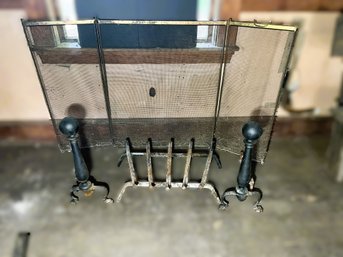 B/ 5pcs - Vintage Metal Fireplace Lot: 2 Metal Andirons, 1 Metal Log Rack And 3 Part Metal Screen