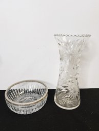 C/ 2pcs - Beautiful Glass 14.5' High Etched Vase And Silver Metal Rimmed Serving Bowl