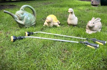 BY/ 6 Pcs Lawn - 3 Glazed Ornaments Duck Bunny Turtle, Frog Watering Can & 2 Watering Wands