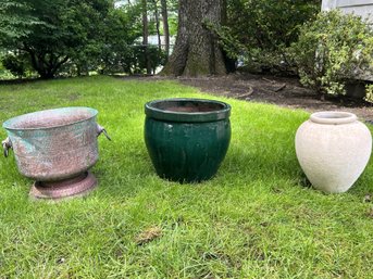 BY/ 3 Pots Planter - Embossed Copper 2 Ring Handles, Green Glazed, White Stucco Type Exterior By Bitossi Italy