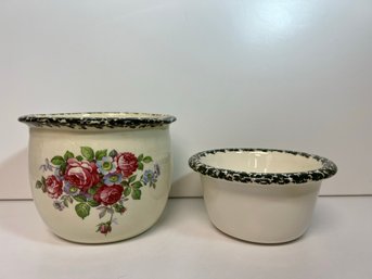 Two Ceramic Bowls W Green Speckled Top Edge, Larger Bowl Floral On 1 Side