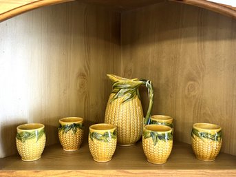 FR/ 7pcs F65 - Majolica Pottery Corn Pitcher And 6 Corn Cob Cups