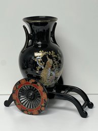 2 Pc - 1 Black Painted Vase W 2 Peacocks From Japan, 1 Plastic 'Rickshaw' Styled Plant Or Vase Stand